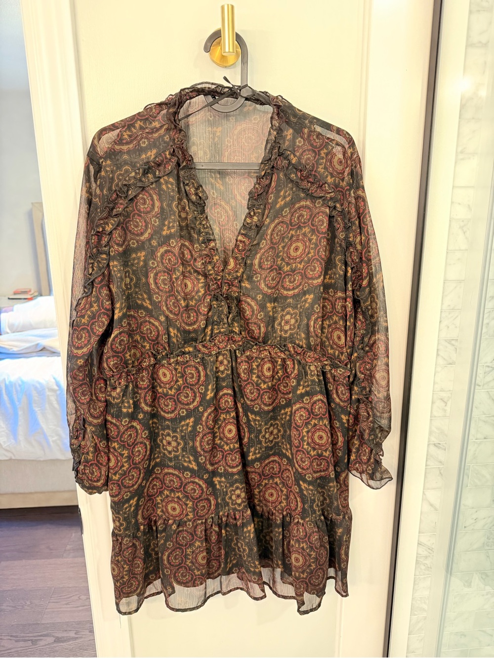 Zara Green Paisley Ruffle Long Sleeve Dress
